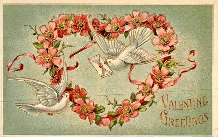 scan of 1910s valentines card of two birds